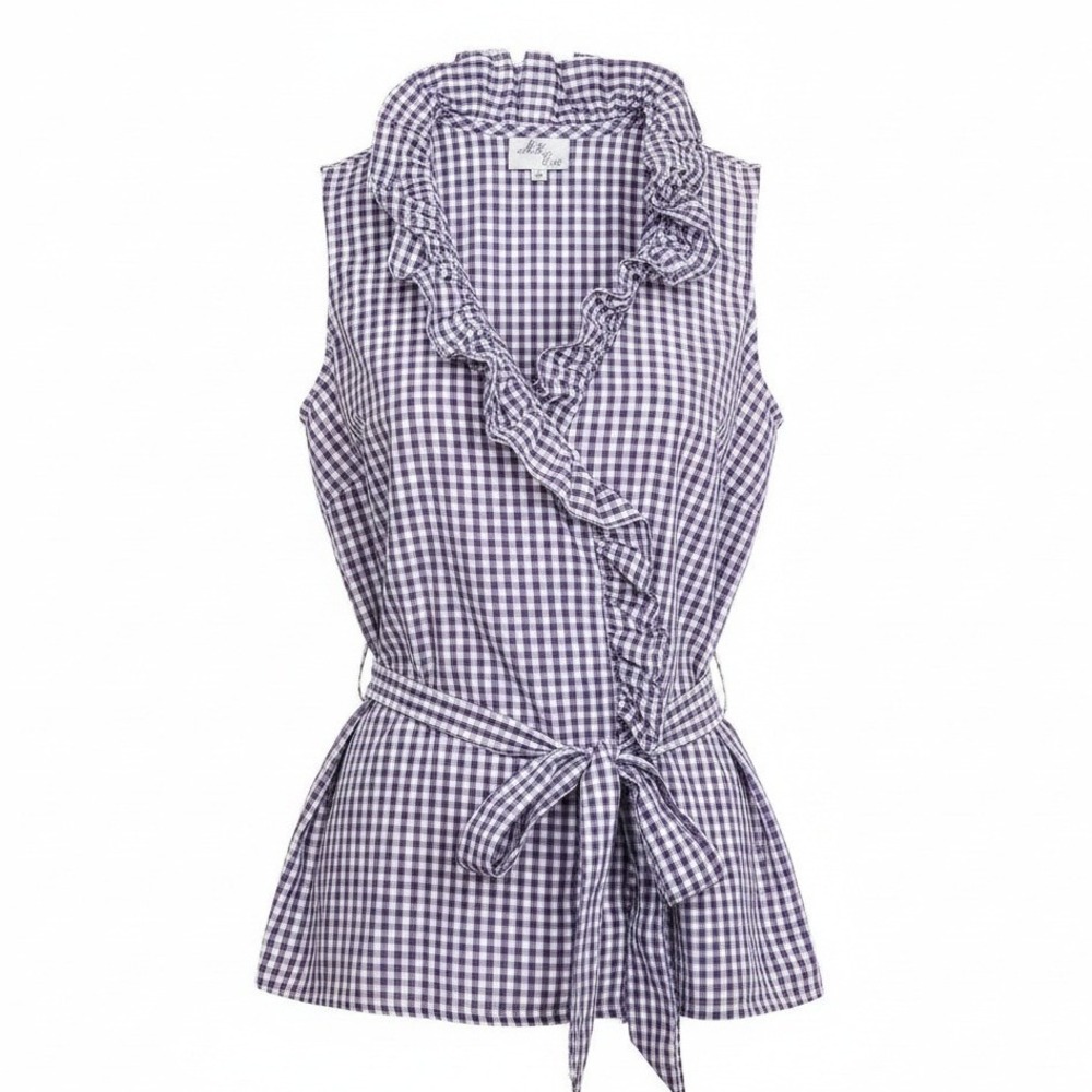 Milly of New York Preppy Retro purple white plaid sleeveless ruffle wrap top 6
